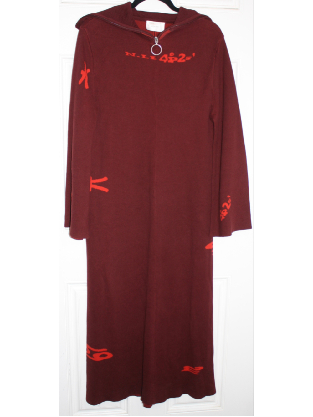 HOSBJERG Ida Corsa Maxi Sweater Dress S Burgundy Graphic Y2K Ring Zip